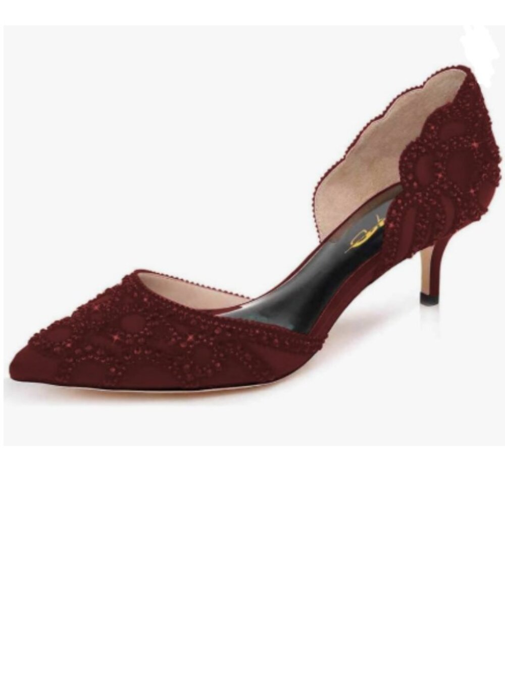 XYD Burgundy/Red Pump Pointed Toe, D'Orsay Kitten Low Heels, Rhinestone Shoes